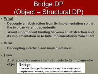 Bridge DP
(Object – Structural DP)
• What
• Decouple an abstraction from its implementation so that
the two can vary independently.
• Avoid a permanent binding between an abstraction and
its implementation or to hide implementation from client
• Why
• Decoupling interface and implementation.
• How
• Abstraction forwards client requests to its Implementor
object.
 