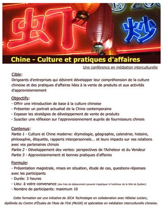 Atelier - Chine, Culture Et Pratiques Daffaires 1