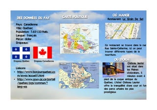 CARTE POLITIQUE           OÙ MANGE
   DES DONNÉES DU PAY                                      Restaurant: Le Grain De Sel
  Pays: Canadienne
  Ville: Québec
  Population: 7.651.531hab.
  Langue: français
  Pièce: dollar
  Drapeaux:
                                                        Ce restaurant se trouve dans la rue
                                                        Rue Sainte-Catherine, ici on peut
                                                        trouver différents types de la
                                                        nourriture.

Drapeau Québec   Drapeau Canadienne                              OÙ DORMI
                                                                               Château laurier
                                                                              est situé dans
 Liaisons:                                                                    les Plaines
• http://www.bonjourquebec.co                                                 d'Abraham, 5
  m/es-es/accueil1.html                                                       minutes avant à
• http://www.gouv.qc.ca/portail                         pied de la coque antique du
  /quebec/pgs/commun/?                                  Québec. L'hôtel Château Laurier
  lang=es                                               offre la tranquillité d'une cour et l'un
                                                        des parcs urbains les plus
                                                        prestigieux
 