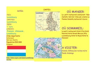 CARTES:
               DATES:
                                                           OÙ MANGER:
PAIS:                                                Le petit-restaurant,restaurant New
Luxembourg                                           Castello Sárl,Cat Club,Léa Linster,La
CAPITALE:                                            Pomme Cannelle,restaurant Acacia
Luxembourg
PIÉCE:
l ' euro
LANGUES:                                             OÙ SOMMMEIL:
 Français , Allemande ,                              Le petit restaurant,Hotel City,Hotel
Luxembourg                                           Novotel,Hotel Grand Mecure,Alfa
Cités importants:                                    Luxembourg,Hotel le Royal,Hotel le
Echternach                                           Chatelet
Esch-sur-Alzette
Population:502.000
Drapeaux:

                                                     A VISITER:
                                                     Viande château,les roches noirs
                                                     Pundo Andongo

http://www.viajes-a.net/pais/Luxemburgo-
111.htm
 