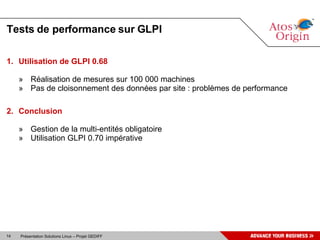 Tests de performance sur GLPI Utilisation de GLPI 0.68 Réalisation de mesures sur 100 000 machines Pas de cloisonnement des données par site : problèmes de performance Conclusion Gestion de la multi-entités obligatoire Utilisation GLPI 0.70 impérative 