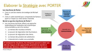 Diagnostic 14
Pascal Chaloyard
Elaborer la Stratégie avec PORTER
Les cinq forces de Porter:
▪ C’est un outil de création de stratégie de Michael
Porter
▪ C’est un cadre essentiel pour comprendre les facteurs
ayant un impact sur votre secteur d'activité.
Qu'est-ce que les cinq forces de Porter ?
▪ Les cinq forces de Porter offrent une approche
systématique de l'évaluation de la dynamique
concurrentielle au sein d'un secteur.
1. La menace des nouveaux entrants.
2. Le pouvoir de négociation des fournisseurs.
3. Le pouvoir de négociation des clients.
4. La menace des produits de substitution.
5. L'intensité de la rivalité concurrentielle.
En analysant les cinq forces, les entreprises peuvent se faire une
idée des risques et des opportunités potentiels du marché et
prendre des décisions stratégiques en connaissance de cause.
 