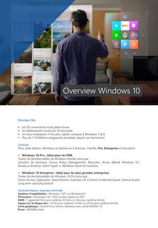 Données Clés
 Un OS universel et multi plate-forme
 Un déploiement toutes les 30 secondes
 Un taux d’adoption 2 fois plus rapide comparé à Windows 7 & 8
 Plus de 110 Millions d’appareils actualisés depuis son lancement
Licences
Pour cette édition, Windows se décline en 4 licences : Famille, Pro, Entreprise et Education.
 Windows 10 Pro : Idéal pour les PME
Toutes les fonctionnalités de Windows Famille ainsi que :
Jonction de domaine, Group Policy Management, BitLocker, Accès affecté Windows 8.1,
Bureau à distance, Client Hyper-v, Windows Store for business
 Windows 10 Entreprise : Idéal pour les plus grandes entreprises
Toutes les fonctionnalités de Windows 10 Pro ainsi que :
Direct Access, AppLocker, BranchCache, Granular UX Control, Credential Guard, Device Guard,
Long term servicing branch
Configuration minimale requise
Système d'exploitation : Windows 7 SP1 ou Windows 8.1
Processeur : Processeur de 1 GHz ou plus rapide ou SOC
RAM : 1 gigaoctet (Go) pour système 32 bits ou 2 Go pour système 64 bits
Espace sur le disque dur : 16 Go pour système 32 bits ou 20 Go pour système 64 bits
Carte graphique : DirectX 9 ou version ultérieure avec pilote WDDM 1.0
Écran : 800x600 pixels
Overview Windows 10
 