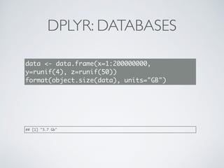 DPLYR: DATABASES
data <- data.frame(x=1:200000000,
y=runif(4), z=runif(50))
format(object.size(data), units="GB")
## [1] "3.7 Gb"
 