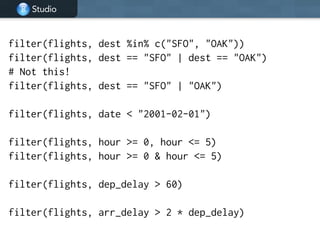 Studio
filter(flights, dest %in% c("SFO", "OAK"))
filter(flights, dest == "SFO" | dest == "OAK")
# Not this!
filter(flights, dest == "SFO" | "OAK")
!
filter(flights, date < "2001-02-01")
!
filter(flights, hour >= 0, hour <= 5)
filter(flights, hour >= 0 & hour <= 5)
!
filter(flights, dep_delay > 60)
filter(flights, arr_delay > 2 * dep_delay)
 