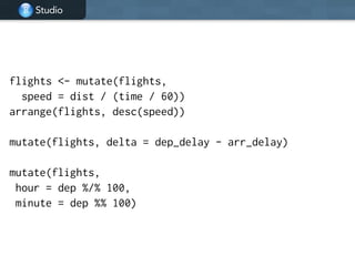Studio
flights <- mutate(flights,
speed = dist / (time / 60))
arrange(flights, desc(speed))
!
mutate(flights, delta = dep_delay - arr_delay)
!
mutate(flights,
hour = dep %/% 100,
minute = dep %% 100)
 