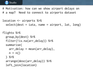 Studio
# Motivation: how can we show airport delays on
# a map? Need to connect to airports dataset
!
location <- airports %>%
select(dest = iata, name = airport, lat, long)
!
flights %>%
group_by(dest) %>%
filter(!is.na(arr_delay)) %>%
summarise(
arr_delay = mean(arr_delay),
n = n()
) %>%
arrange(desc(arr_delay)) %>%
left_join(location)
 