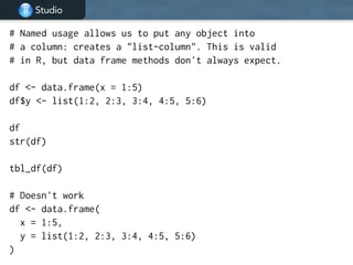 Studio
# Named usage allows us to put any object into
# a column: creates a "list-column". This is valid
# in R, but data frame methods don't always expect.
!
df <- data.frame(x = 1:5)
df$y <- list(1:2, 2:3, 3:4, 4:5, 5:6)
!
df
str(df)
!
tbl_df(df)
!
# Doesn't work
df <- data.frame(
x = 1:5,
y = list(1:2, 2:3, 3:4, 4:5, 5:6)
)
 