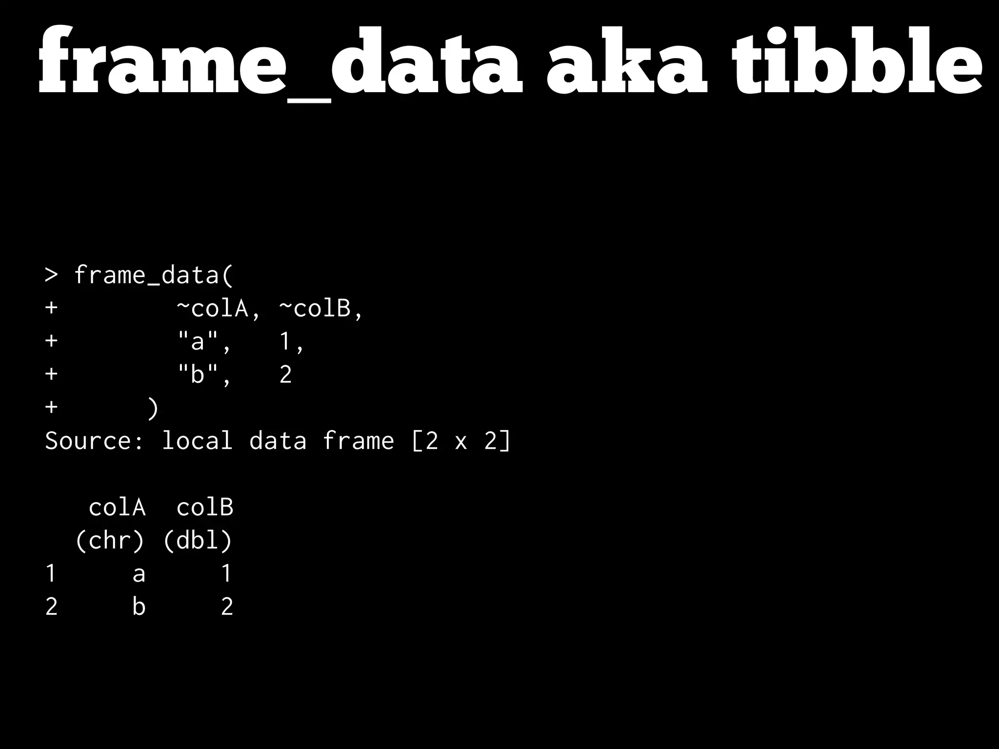 frame_data aka tibble
> frame_data(
+ ~colA, ~colB,
+ "a", 1,
+ "b", 2
+ )
Source: local data frame [2 x 2]
colA colB
(chr) (dbl)
1 a 1
2 b 2
 