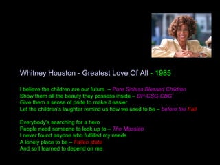Whitney Houston - Greatest Love Of All - 1985
I believe the children are our future – Pure Sinless Blessed Children
Show them all the beauty they possess inside – DP-CSG-CBG
Give them a sense of pride to make it easier
Let the children's laughter remind us how we used to be – before the Fall
Everybody's searching for a hero
People need someone to look up to – The Messiah
I never found anyone who fulfilled my needs
A lonely place to be – Fallen state
And so I learned to depend on me
 