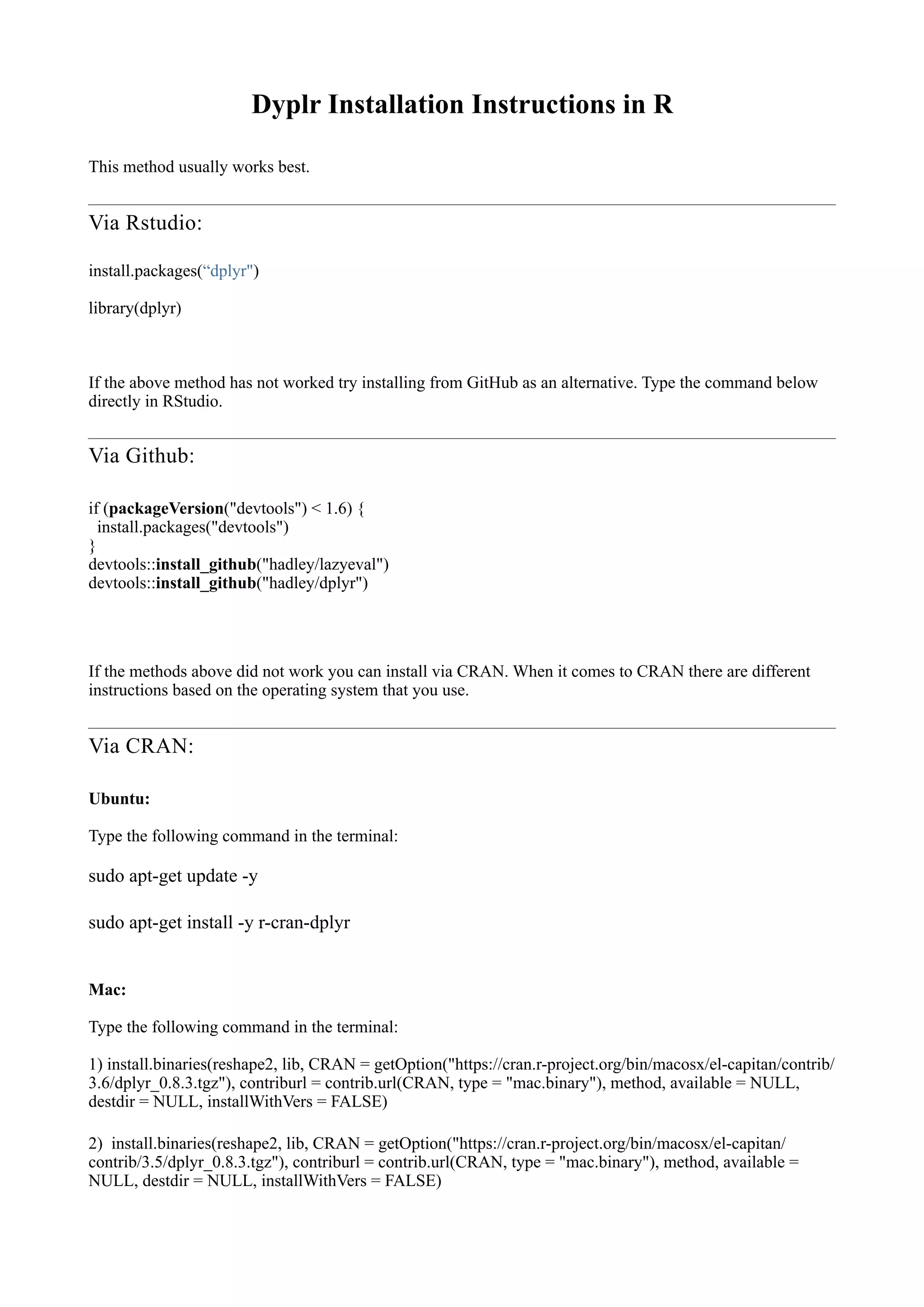Dplyr installation instructions pdf