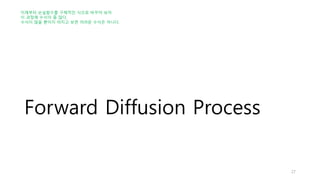 Forward Diffusion Process
27
이제부터 손실함수를 구체적인 식으로 바꾸어 보자.
이 과정에 수식이 좀 많다.
수식이 많을 뿐이지 따지고 보면 어려운 수식은 아니다.
 