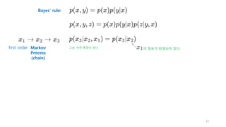 Bayes’ rule:
Markov
Process
(chain)
의 정보가 반영되어 있다.
first order
33
그냥, 이런 특징이 있다.
 