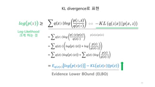 ෍ 𝑞 𝑧|𝑥 𝑙𝑜𝑔
𝑝 𝑥, 𝑧
𝑞 𝑧|𝑥
= ෍ 𝑞 𝑧|𝑥 𝑙𝑜𝑔
𝑝 𝑥|𝑧 𝑝 𝑧
𝑞 𝑧|𝑥
= ෍ 𝑞 𝑧|𝑥 𝑙𝑜𝑔 𝑝 𝑥|𝑧 + 𝑙𝑜𝑔
𝑝 𝑧
𝑞 𝑧|𝑥
= ෍ 𝑞 𝑧|𝑥 𝑙𝑜𝑔 𝑝 𝑥|𝑧 + ෍ 𝑞 𝑧|𝑥 𝑙𝑜𝑔
𝑝 𝑧
𝑞 𝑧|𝑥
= 𝐸𝑞 𝑧|𝑥 𝑙𝑜𝑔 𝑝 𝑥|𝑧 − 𝐾𝐿 𝑞 𝑧|𝑥 ||𝑝 𝑧
71
𝑝 𝑧|𝑥 𝑝 𝑥
𝑙𝑜𝑔 𝑝 𝑥 ≥
Log-Likelihood
크게 하는 것
KL divergence로 표현
Evidence Lower BOund (ELBO)
 