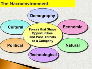 Demography
Technological
Cultural Economic
Political Natural
Forces that Shape
Opportunities
and Pose Threats
to a Company
 