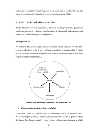 21
mulované, je potrebné vymyslieť systém, ktorý zaistí, aby sa zrealizovali stratégie
nutné k uskutočneniu krátkodobých cieľov. (de Chernatony, 2009)
1.1.1.2.4 Audit vonkajšieho prostredia
Ďalším krokom v procese budovania a udržania značky je skúmanie prostredia
značky, pri ktorom sa vychádza z modelu piatich síl pôsobiacich v rámci prostredia
na značku, ktoré môžu úspech značky posilniť.
Model piatich síl
Pri rozložení dlhodobého cieľa na niekoľko krátkodobých cieľov sa vytvoria kon-
krétne návrhy, ktoré môže firma využiť pre potenciálnu stratégiu značky. Predtým
je však potrebné preskúmať sily prostredia, ktoré by mohli značku pozitívne alebo
negatívne ovplyvniť (Obrázok 2).
Obrázok 2 Päť síl pôsobiacich na značku (de Chernatony, 2009)
a) Korporácie (organizácie, firmy, podniky)
Prvou silou, ktorá ma zásadný vplyv na budúcnosť značky, je samotná firma.
Pri skúmaní vplyvu firmy na súčasnú alebo potenciálnu značku je potrebné brať
do úvahy koordináciu aktivít v rámci firmy, hodnoty zamestnancov v súlade
 