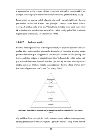 24
ti a potenciálne hrozby, a to na základe zvažovania politických, ekonomických, so-
ciálnych, technologických a environmentálnych faktorov. (de Chernatony, 2009)
Prostredníctvom analýzy piatich síl prostredia značky by mala byť firma vybavená
potrebnými znalosťami k tomu, aby pochopila faktory, ktoré budú pôsobiť
v prospech značky alebo proti nej. V konečnom dôsledku tento audit môže viesť
i k prehodnoteniu pôvodne stanovenej vízie a cieľov značky, pokiaľ boli stanovené
neprimerane optimisticky. (de Chernatony, 2009)
1.1.1.2.5 Podstata značky
Podstata značky predstavuje užitočný prostriedok pre pojmové vyjadrenie základu
značky, ktoré potom možno jednoducho komunikovať ostatným. Vizuálne možno
podstatu značky chápať ako pyramídu sumarizujúcu kľúčové funkčné prínosy spo-
jené s emočnými ziskami prostredníctvom vítaných hodnôt, čo všetko možno chá-
pať prostredníctvom osobnostných znakov (Obrázok 4). Verbálne možno podstatu
značky zhrnúť do krátkeho výroku vyjadrujúceho odlišný a vítaný prísľub, ktorý
je zobrazený pyramídou značky. (de Chernatony, 2009)
Obrázok 4 Identifikácia podstaty značky na základe modelu pyramídy (de Chernatony,
2009)
Aby každý vo firme pochopil, čo značka znamená, musia sa komponenty pyramídy
značky syntetizovať do krátkeho výroku – prísľubu značky – ktorý by mal zamest-
 