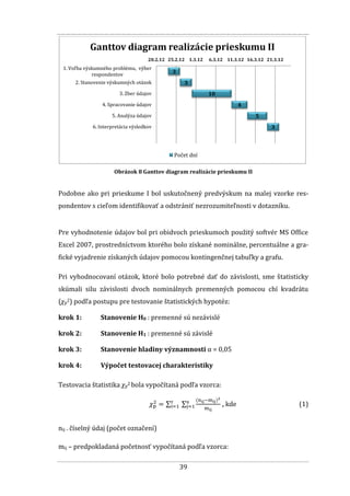 39
Obrázok 8 Ganttov diagram realizácie prieskumu II
Podobne ako pri prieskume I bol uskutočnený predvýskum na malej vzorke res-
pondentov s cieľom identifikovať a odstrániť nezrozumiteľnosti v dotazníku.
Pre vyhodnotenie údajov bol pri obidvoch prieskumoch použitý softvér MS Office
Excel 2007, prostredníctvom ktorého bolo získané nominálne, percentuálne a gra-
fické vyjadrenie získaných údajov pomocou kontingenčnej tabuľky a grafu.
Pri vyhodnocovaní otázok, ktoré bolo potrebné dať do závislosti, sme štatisticky
skúmali silu závislosti dvoch nominálnych premenných pomocou chí kvadrátu
(χp2) podľa postupu pre testovanie štatistických hypotéz:
krok 1: Stanovenie H0 : premenné sú nezávislé
krok 2: Stanovenie H1 : premenné sú závislé
krok 3: Stanovenie hladiny významnosti α = 0,05
krok 4: Výpočet testovacej charakteristiky
Testovacia štatistika χp2 bola vypočítaná podľa vzorca:
, kde (1)
nij – číselný údaj (počet označení)
mij – predpokladaná početnosť vypočítaná podľa vzorca:
3
3
10
4
5
3
20.2.12 25.2.12 1.3.12 6.3.12 11.3.12 16.3.12 21.3.12
1. Voľba výskumného problému, výber
respondentov
2. Stanovenie výskumných otázok
3. Zber údajov
4. Spracovanie údajov
5. Analýza údajov
6. Interpretácia výsledkov
Ganttov diagram realizácie prieskumu II
Počet dní
 