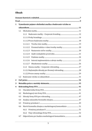 5
Obsah
Zoznam ilustrácií a tabuliek...............................................................................................7
Úvod ............................................................................................................................................9
1 Vymedzenie pojmov obchodná značka a budovanie vzťahu so
zákazníkom.................................................................................................................... 11
1.1 Obchodná značka...........................................................................................................11
1.1.1 Budovanie značky – Corporate branding...............................................12
1.1.1.1Prvky brandingu ..............................................................................................14
1.1.1.2Proces budovania značky.............................................................................18
1.1.1.2.1 Tvorba vízie značky.................................................................................19
1.1.1.2.2 Firemná kultúra v rámci tvorby značky..........................................20
1.1.1.2.3 Nastavenie cieľov značky......................................................................20
1.1.1.2.4 Audit vonkajšieho prostredia..............................................................21
1.1.1.2.5 Podstata značky........................................................................................24
1.1.1.2.6 Interná implementácia a zdroje značky..........................................25
1.1.1.2.7 Ohodnotenie značky ...............................................................................26
1.1.2 Zmena značky – Corporate rebranding ..................................................27
1.1.2.1Najčastejšie dôvody pre firemný rebranding.......................................28
1.1.2.2Proces zmeny značky.....................................................................................29
1.2 Budovanie vzťahu so zákazníkom ..........................................................................31
2 Cieľ práce........................................................................................................................ 34
3 Metodika práce a metódy skúmania..................................................................... 35
4 Rebranding firmy EVA ............................................................................................... 41
4.1 Charakteristika firmy EVA .........................................................................................41
4.2 Marketingový mix firmy EVA....................................................................................41
4.3 Dôvody firmy EVA pre rebranding.........................................................................47
4.4 Analýza súčasného firemného dizajnu..................................................................47
4.5 Primárny prieskum I....................................................................................................49
4.6 Návrh firemného dizajnu a marketingovej komunikácie ..............................51
4.6.1 Primárny prieskum II ....................................................................................51
4.6.2 Fázy rebrandingu firmy EVA.......................................................................52
4.7 Odporúčania pre budúcu marketingovú komunikáciu...................................66
 