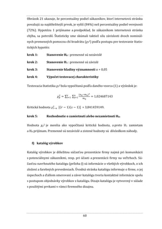 60
Obrázok 21 ukazuje, že percentuálny podiel zákazníkov, ktorí internetovú stránku
považujú za najdôležitejší prvok, je vyšší (84%) než percentuálny podiel verejnosti
(72%). Hypotézu 1 prijímame a predpoklad, že zákazníkom internetová stránka
chýba, sa potvrdil. Štatisticky sme skúmali taktiež silu závislosti dvoch nominál-
nych premenných pomocou chí kvadrátu (χP2) podľa postupu pre testovanie štatis-
tických hypotéz:
krok 1: Stanovenie H0 : premenné sú nezávislé
krok 2: Stanovenie H1 : premenné sú závislé
krok 3: Stanovenie hladiny významnosti α = 0,05
krok 4: Výpočet testovacej charakteristiky
Testovacia štatistika χP2 bola vypočítaná podľa daného vzorca (1) a výsledok je:
1,024687143
Kritická hodnota = 3,841459149.
krok 5: Rozhodnutie o zamietnutí alebo nezamietnutí H0.
Hodnota χp2 je menšia ako vypočítaná kritická hodnota, a preto H1 zamietam
a H0 prijímam. Premenné sú nezávislé a zistené hodnoty sú dôsledkom náhody.
f) katalóg výrobkov
Katalóg výrobkov je dôležitou súčasťou prezentácie firmy najmä pri komunikácii
s potenciálnymi zákazníkmi, resp. pri účasti a prezentácii firmy na veľtrhoch. Sú-
časťou navrhnutého katalógu (príloha J) sú informácie o všetkých výrobkoch, o ich
zložení a farebných prevedeniach. Úvodná stránka katalógu informuje o firme, o jej
úspechoch a ďalšom smerovaní a záver katalógu tvoria kontaktné informácie spolu
s postupom objednávky výrobkov z katalógu. Dizajn katalógu je vytvorený v súlade
s použitými prvkami v rámci firemného dizajnu.
 