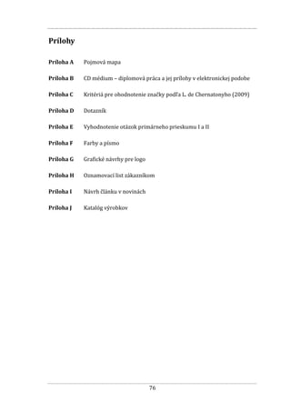 76
Prílohy
Príloha A Pojmová mapa
Príloha B CD médium – diplomová práca a jej prílohy v elektronickej podobe
Príloha C Kritériá pre ohodnotenie značky podľa L. de Chernatonyho (2009)
Príloha D Dotazník
Príloha E Vyhodnotenie otázok primárneho prieskumu I a II
Príloha F Farby a písmo
Príloha G Grafické návrhy pre logo
Príloha H Oznamovací list zákazníkom
Príloha I Návrh článku v novinách
Príloha J Katalóg výrobkov
 
