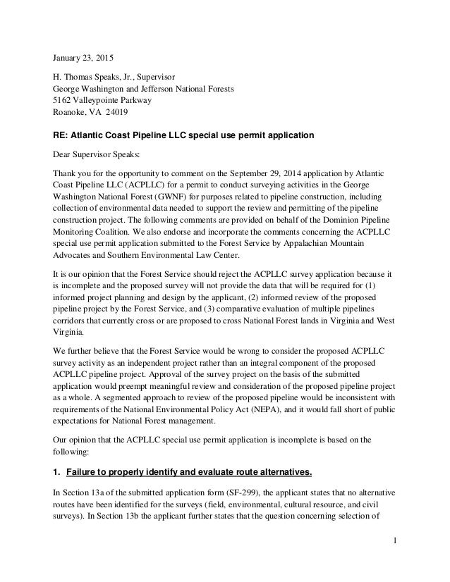Letter Atlantic Coast Pipeline Llc Special Use Permit Application