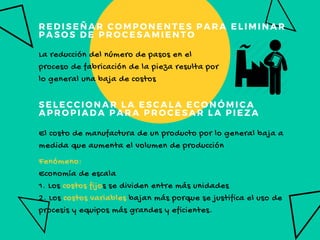 REDISEÑAR COMPONENTES PARA ELIMINAR
PASOS DE PROCESAMIENTO
SELECCIONAR LA ESCALA ECONÓMICA
APROPIADA PARA PROCESAR LA PIEZA
La reducción del número de pasos en el
proceso de fabricación de la pieza resulta por
lo general una baja de costos
El costo de manufactura de un producto por lo general baja a
medida que aumenta el volumen de producción
Fenómeno:
Economía de escala
1. Los costos fijos se dividen entre más unidades
2. Los costos variables bajan más porque se justifica el uso de
procesis y equipos más grandes y eficientes.
 