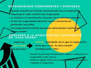 ESTANDARIZAR COMPONENTES Y PROCESOS
APEGARSE A LA ADQUISIÓN DE COMPONENTE
DE "CAJA NEGRA"
Cuando aumenta el volumen de producción de un componente,
disminuye el costo unitario del componente.
La calidad y el rendimiento aumenta con la cantidad creciente
El uso de componentes estandar logran volumenes de
producción mas altos 
Los componentes también se pueden estandarizar dentro del
mismo modelo.
Diseño de
CAJA NEGRA
del provedor
Método: Descripción de lo que el componente
tiene que hacer, no cómo hacerlo
(Clarkfujimoto, 1991)
Permite el proveedor libertad para diseñar o seleccionar el
componente (Costo mínimo)
Revela al equipo interno de la responsabilidad de construir
y diseñar el componente
 