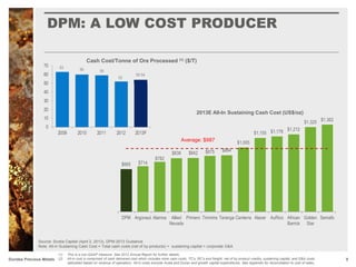 8
Source: Scotia Capital (April 2, 2013), DPM 2013 Guidance
Note: All-in Sustaining Cash Cost = Total cash costs (net of by-products) + sustaining capital + corporate G&A
DPM: A LOW COST PRODUCER
Cash Cost/Tonne of Ore Processed (1) ($/T)
(1) This is a non-GAAP measure. See 2012 Annual Report for further details.
(2) All-in cost is comprised of cash delivered cost which includes mine cash costs, TC’s, RC’s and freight; net of by product credits, sustaining capital; and G&A costs
(allocated based on revenue of operation). All-in costs exclude Avala and Dunav and growth capital expenditures. See Appendix for reconciliation to cost of sales.
Dundee Precious Metals
$665 $714
$782
$838 $842 $875 $884
$1,005
$1,155 $1,178 $1,212
$1,325 $1,362
DPM Argonaut Alamos Allied
Nevada
Primero Timmins Teranga Centerra Alacer AuRico African
Barrick
Golden
Star
Semafo
2013E All-In Sustaining Cash Cost (US$/oz)
Average: $987
 