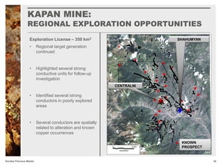 KAPAN MINE:
REGIONAL EXPLORATION OPPORTUNITIES
20Dundee Precious Metals
SHAHUMYAN
CENTRALNI
KNOWN
PROSPECT
• Regional target generation
continued
• Highlighted several strong
conductive units for follow-up
investigation
• Identified several strong
conductors in poorly explored
areas
• Several conductors are spatially
related to alteration and known
copper occurrences
Exploration License – 350 km2
 
