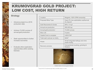 KRUMOVGRAD GOLD PROJECT:
LOW COST, HIGH RETURN
25Dundee Precious Metals
Strategy
• Advance project to a 2016
production date
• Achieve 74,000 ounces of
annual gold production
• Seek opportunities to further
increase recoveries
• Evaluate other exploration
opportunities within existing
licenses
Location Bulgaria; 100% DPM ownership
Proposed Mine Type Open Pit; low-sulphidation epithermal
Au deposit
Gold Recoveries & Grade 85%; 3.4 g/t
Annual ore production 850,000 tpy
Annual gold production 74,000 ounces
Mine Life 9 years
Capital Cost to complete US$127M*
Total cash cost per oz AuEq $404*
Waste
Small integrated tailings and mine
waste facility
Recovery process
Conventional crushing, grinding &
flotation
* As per NI 43-101 technical report filed on SEDAR January 13, 2012
Visible Gold in Krumovgrad Sample
 