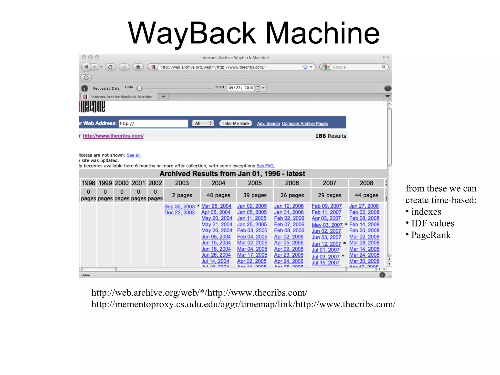 WayBack Machine
http://web.archive.org/web/*/http://www.thecribs.com/
http://mementoproxy.cs.odu.edu/aggr/timemap/link/http://www.thecribs.com/
from these we can
create time-based:
• indexes
• IDF values
• PageRank
 