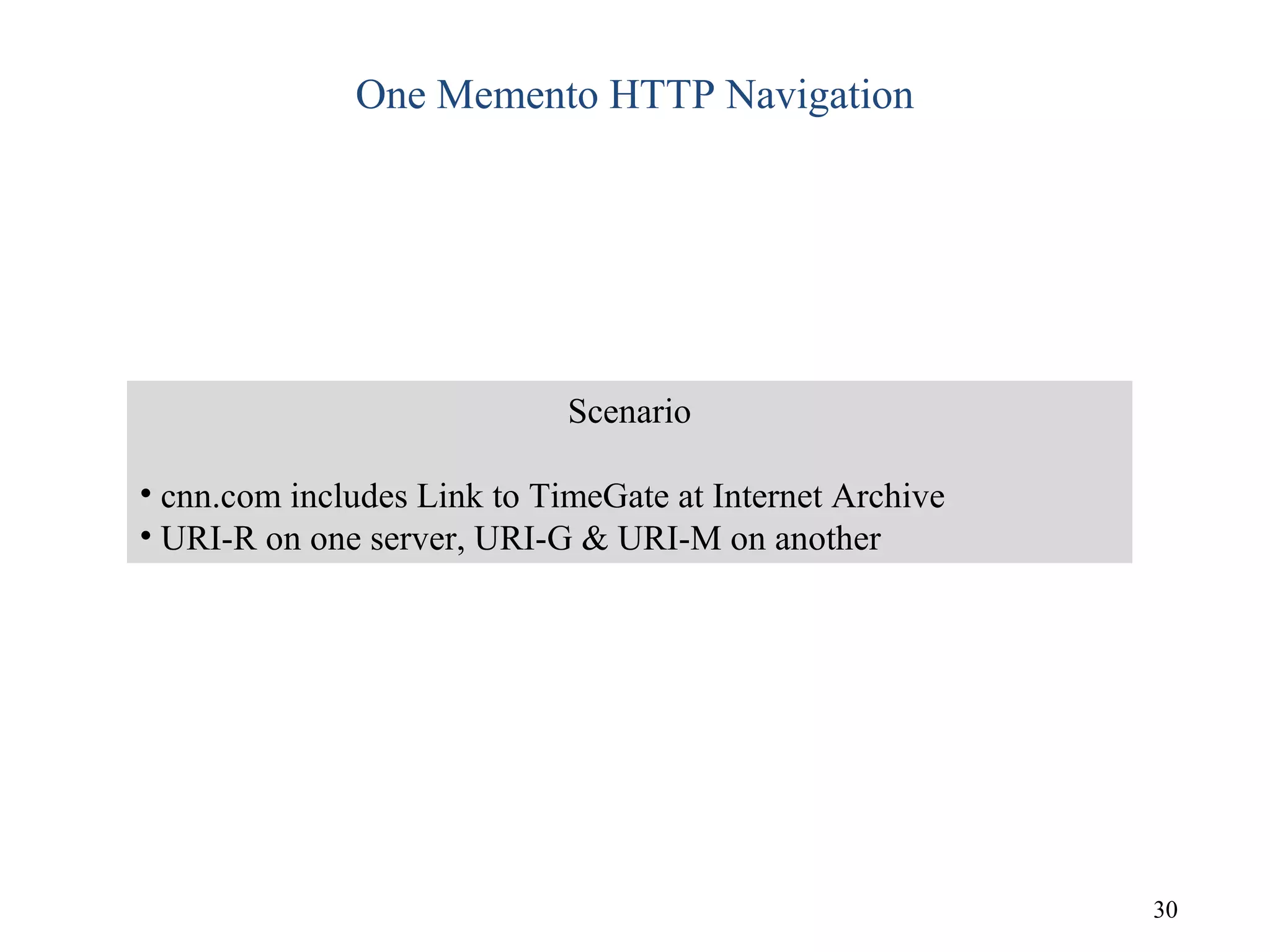 One Memento HTTP Navigation
30
Scenario
• cnn.com includes Link to TimeGate at Internet Archive
• URI-R on one server, URI-G & URI-M on another
 