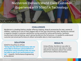 CONFIDENTIAL – Not for Distribution | ©2016 SOASTA, All rights reserved. | April 2016
Nordstrom is a leading fashion retailer offering clothing, shoes & accessories for men, women &
children. Leading up to one of their biggest days of the year (Anniversary Sale), Nordstrom noticed
a negative change in customer satisfaction survey scored for online performance. Synthetic
monitoring & internal testing, wasn’t giving Nordstrom the full picture—it needed to understand
customer perceived performance & obtain actionable data to meet expectations.
CHALLENGES
SOLUTION RESULTS
SOASTA CloudTest & mPulse
“Going into the 2014 Anniversary sale we
were able to find two critical defects in
production using CloudTest that we were
not able to see in our performance test
lab” – Gopal B., Performance Engineering
at Nordstrom
Using mPulse, Nordstrom was able to
marry client-& server-side data to make
data-driven decisions about how online
performance affects the business
 