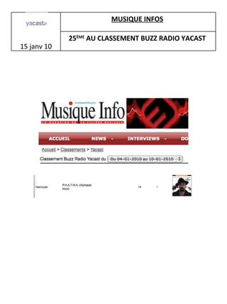 15 janv 10 MUSIQUE INFOS   25 ÈME  AU CLASSEMENT BUZZ RADIO YACAST   