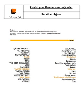 10 janv 10 Playlist première semaine de janvier   Rotation : 4/jour   
