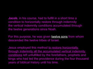 Jacob, in his course, had to fulfill in a short time a
condition to horizontally restore through indemnity
the vertical indemnity conditions accumulated through
the twelve generations since Noah.
For this purpose, he was given twelve sons from whom
descended the twelve tribes of Israel.
Jesus employed this method to restore horizontally
through indemnity all the accumulated vertical indemnity
conditions left unfulfilled by the forefathers, prophets and
kings who had led the providence during the four thousand
years of biblical history until his time.
 