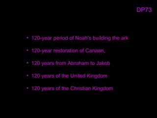 • 120-year period of Noah's building the ark
• 120-year restoration of Canaan,
• 120 years from Abraham to Jakob
• 120 years of the United Kingdom
• 120 years of the Christian Kingdom
DP73
 