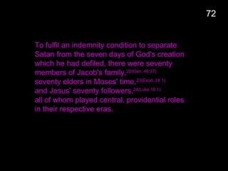 To fulfil an indemnity condition to separate
Satan from the seven days of God's creation
which he had defiled, there were seventy
members of Jacob's family,22(Gen. 46:27)
seventy elders in Moses' time,23(Exod. 24:1)
and Jesus' seventy followers,24(Luke 10:1)
all of whom played central, providential roles
in their respective eras.
72
 