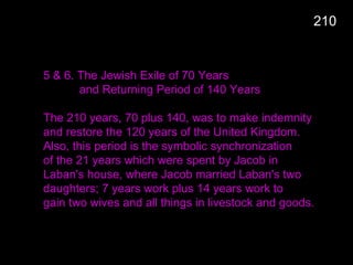 210
5 & 6. The Jewish Exile of 70 Years
and Returning Period of 140 Years
The 210 years, 70 plus 140, was to make indemnity
and restore the 120 years of the United Kingdom.
Also, this period is the symbolic synchronization
of the 21 years which were spent by Jacob in
Laban's house, where Jacob married Laban's two
daughters; 7 years work plus 14 years work to
gain two wives and all things in livestock and goods.
 
