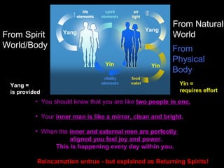 Yin
Yang
Yin
Yang
From Spirit
World/Body
From Natural
World
• You should know that you are like two people in one.
• Your inner man is like a mirror, clean and bright.
• When the inner and external men are perfectly
aligned you feel joy and power.
This is happening every day within you.
Reincarnation untrue - but explained as Returning Spirits!
From
Physical
Body
Yang =
is provided
Yin =
requires effort
 