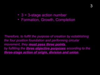 • 3 = 3-stage action number
• Formation, Growth, Completion
Therefore, to fulfill the purpose of creation by establishing
the four position foundation and performing circular
movement, they must pass three points,
by fulfilling the three objective purposes according to the
three-stage action of origin, division and union.
3
 