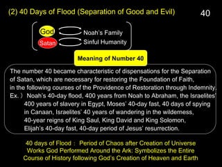 (2) 40 Days of Flood (Separation of Good and Evil)
Noah’s Family
Sinful Humanity
40 days of Flood ： Period of Chaos after Creation of Universe
Works God Performed Around the Ark: Symbolizes the Entire
Course of History following God’s Creation of Heaven and Earth
God
Satan
The number 40 became characteristic of dispensations for the Separation
of Satan, which are necessary for restoring the Foundation of Faith,
in the following courses of the Providence of Restoration through Indemnity.
Ex. ） Noah’s 40-day flood, 400 years from Noah to Abraham, the Israelites’
400 years of slavery in Egypt, Moses’ 40-day fast, 40 days of spying
in Canaan, Israelites’ 40 years of wandering in the wilderness,
40-year reigns of King Saul, King David and King Solomon,
Elijah’s 40-day fast, 40-day period of Jesus’ resurrection.
Meaning of Number 40
40
 