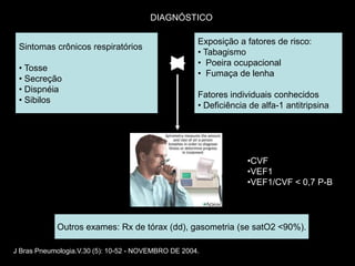 DIAGNÓSTICO

                                                     Exposição a fatores de risco:
 Sintomas crônicos respiratórios
                                                     • Tabagismo
                                                     • Poeira ocupacional
 • Tosse
                                                     • Fumaça de lenha
 • Secreção
 • Dispnéia
                                                     Fatores individuais conhecidos
 • Sibilos
                                                     • Deficiência de alfa-1 antitripsina




                                                                  •CVF
                                                                  •VEF1
                                                                  •VEF1/CVF < 0,7 P-B




            Outros exames: Rx de tórax (dd), gasometria (se satO2 <90%).

J Bras Pneumologia.V.30 (5): 10-52 - NOVEMBRO DE 2004.
 