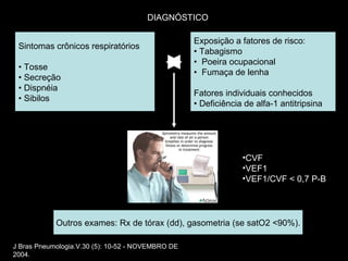 DIAGNÓSTICO Sintomas crônicos respiratórios •  Tosse •  Secreção •  Dispnéia •  Sibilos Exposição a fatores de risco: •  Tabagismo •  Poeira ocupacional •  Fumaça de lenha Fatores individuais conhecidos •  Deficiência de alfa-1 antitripsina Outros exames: Rx de tórax (dd), gasometria (se satO2 <90%). CVF VEF1 VEF1/CVF < 0,7 P-B J Bras Pneumologia.V.30 (5): 10-52 - NOVEMBRO DE 2004. 