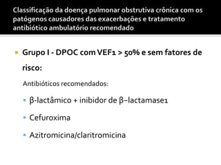  Grupo I - DPOC comVEF1 > 50% e sem fatores de
risco:
Antibióticos recomendados:
 β-lactâmico + inibidor de β−lactamase1
 Cefuroxima
 Azitromicina/claritromicina
 