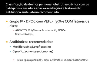  Grupo IV - DPOC comVEF1 < 35% e COM fatores de
risco:
▪ AGENTES: H. influenza, M.catarrhalis,SPRP e
Gram- entéricos.
 Antibióticos recomendados:
 Moxifloxacino/Levofloxacino
 Ciprofloxacino (pseudomonas)
▪ Se alergia a quinolonas: beta-lactâmicos + inibidor da lactamase.
 