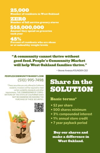25,000
       Number of residents in West Oakland

       ZERO
       Number of full service grocery stores

       $58,000,000
       Amount they spend on groceries
       each year

       48%
       Percent of residents who are obese
       or at unhealthy weight levels




         “ A community cannot thrive without
          good food. People's Community Market
          will help West Oakland families thrive.”
                                                         - Brahm Ahmadi/FOUNDER-CEO
peoplescommunitymarket.com
                 (510) 995-7498
   *These securities are only offered to California
                                                      Share in the
      residents. Investors will be required to meet
            certain suitability standards and other
 requirements. THE COMMISSIONER OF CORPO-
                                                      SOLUTION
RATIONS OF THE STATE OF CALIFORNIA DOES
          NOT RECOMMEND OR ENDORSE THE
              PURCHASE OF THESE SECURITIES.           Basic terms*
                                                      • $2 per share
                                                      • 500 shares minimum
                                                      • 3% compounded interest
                                                      • 1% annual store credit
                                                      • 7 year payback period

                                                       Buy our shares and
                                                       make a difference in
                                                         West Oakland.
 
