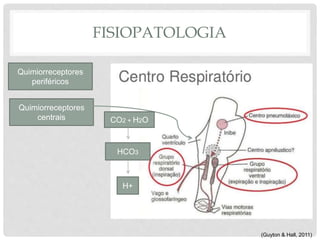 FISIOPATOLOGIA
Quimiorreceptores
periféricos
Quimiorreceptores
centrais CO2 + H2O
HCO3
H+
(Guyton & Hall, 2011)
 