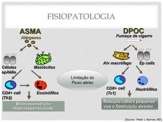 FISIOPATOLOGIA
Alérgenos
ASMA
Mastócitos
CD4+ cell
(Th2)
Eosinófilos
Células
epitélio
Broncoconstrição
Hiperresponsividade
Alv macrófago Ep cells
Fumaça de cigarro
CD8+ cell
(Tc1)
Neutrófilos
Redução calibre pequenas
vias e Destruição alveolar
DPOC
Limitação do
Fluxo aéreo
(Source: Peter J. Barnes, MD)
 